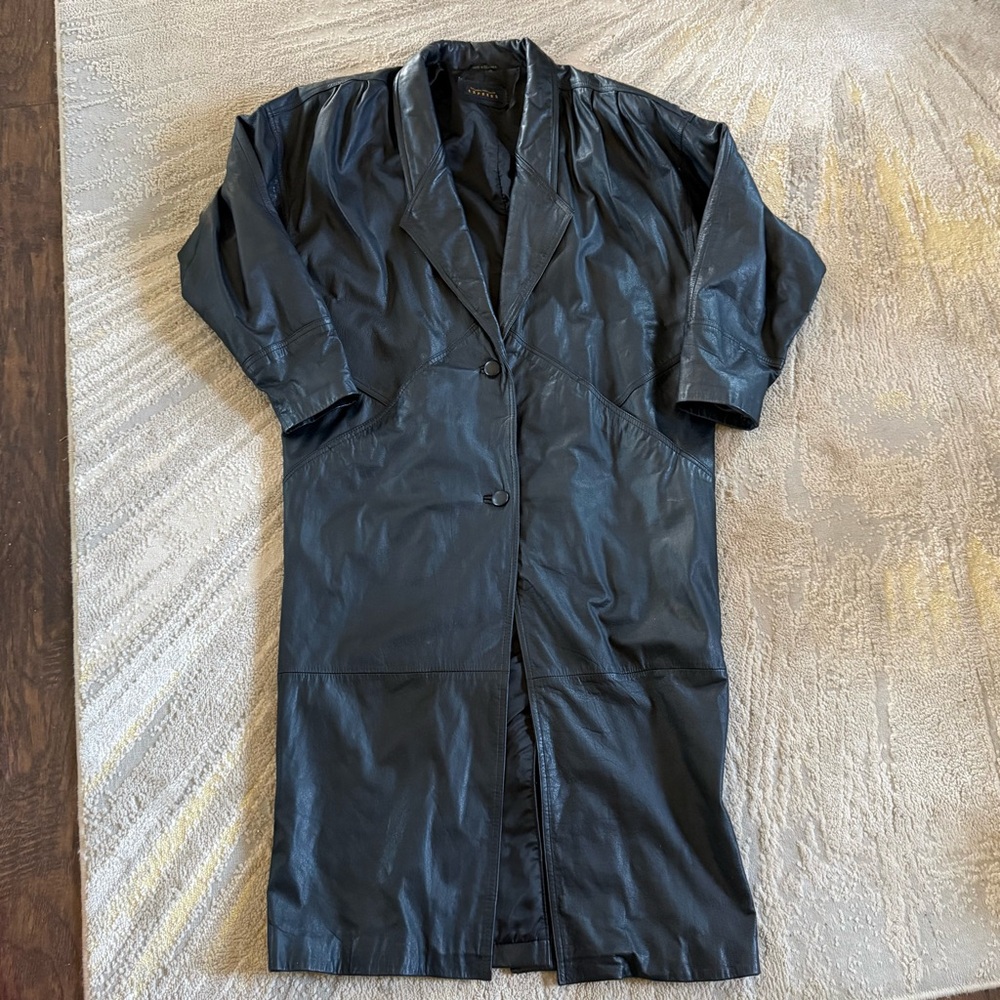 Vintage EXPRESS Black genuine leather long Trench coat Jacket medium